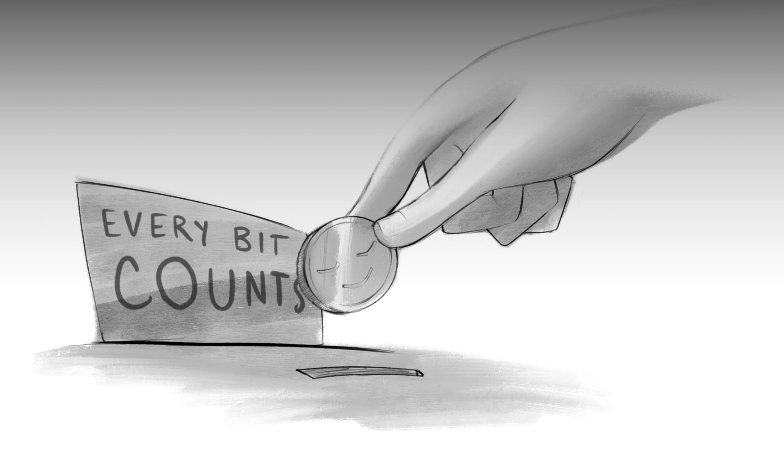 A pencil sketch of a hand dropping a coin into a box marked “Every bit counts”.