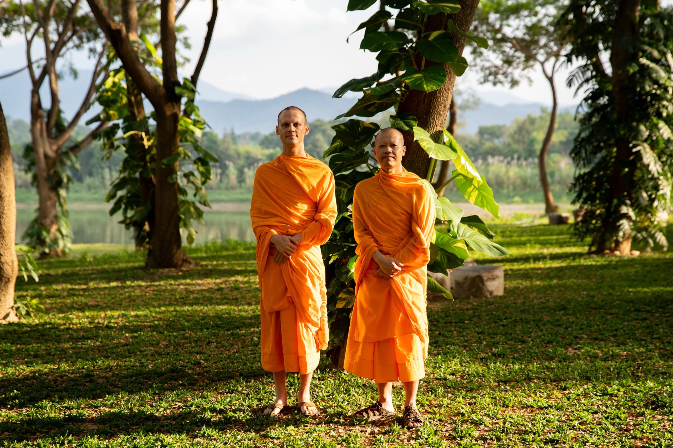 Buddhist monks in saffron robes walking together outdoors in natural light.