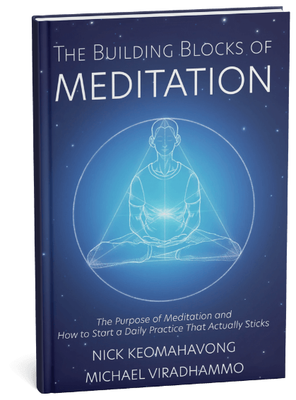 The hardcover Building Blocks of Meditation, by Nick Keomahavong and Michael Viradhammo: a seated figure glowing inside a circle on a deep blue, star-flecked cover.
