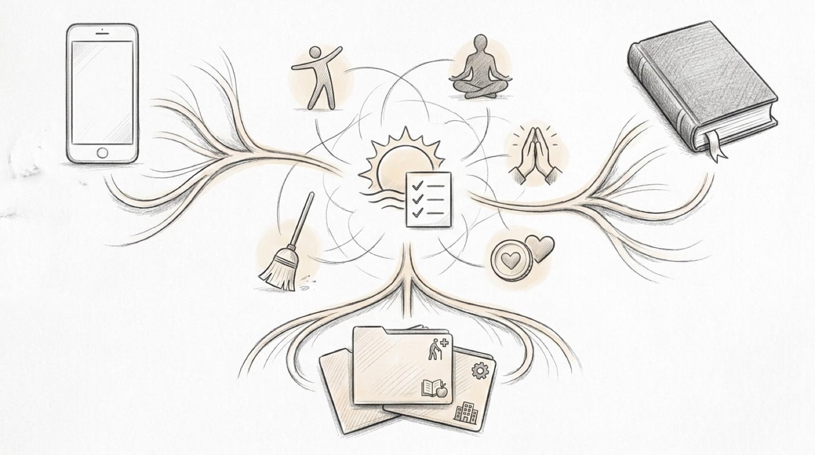 Hand-drawn sketch of a morning routine ecosystem — branching roots connecting a phone, a book, and micro-habit icons around a sunrise checklist.