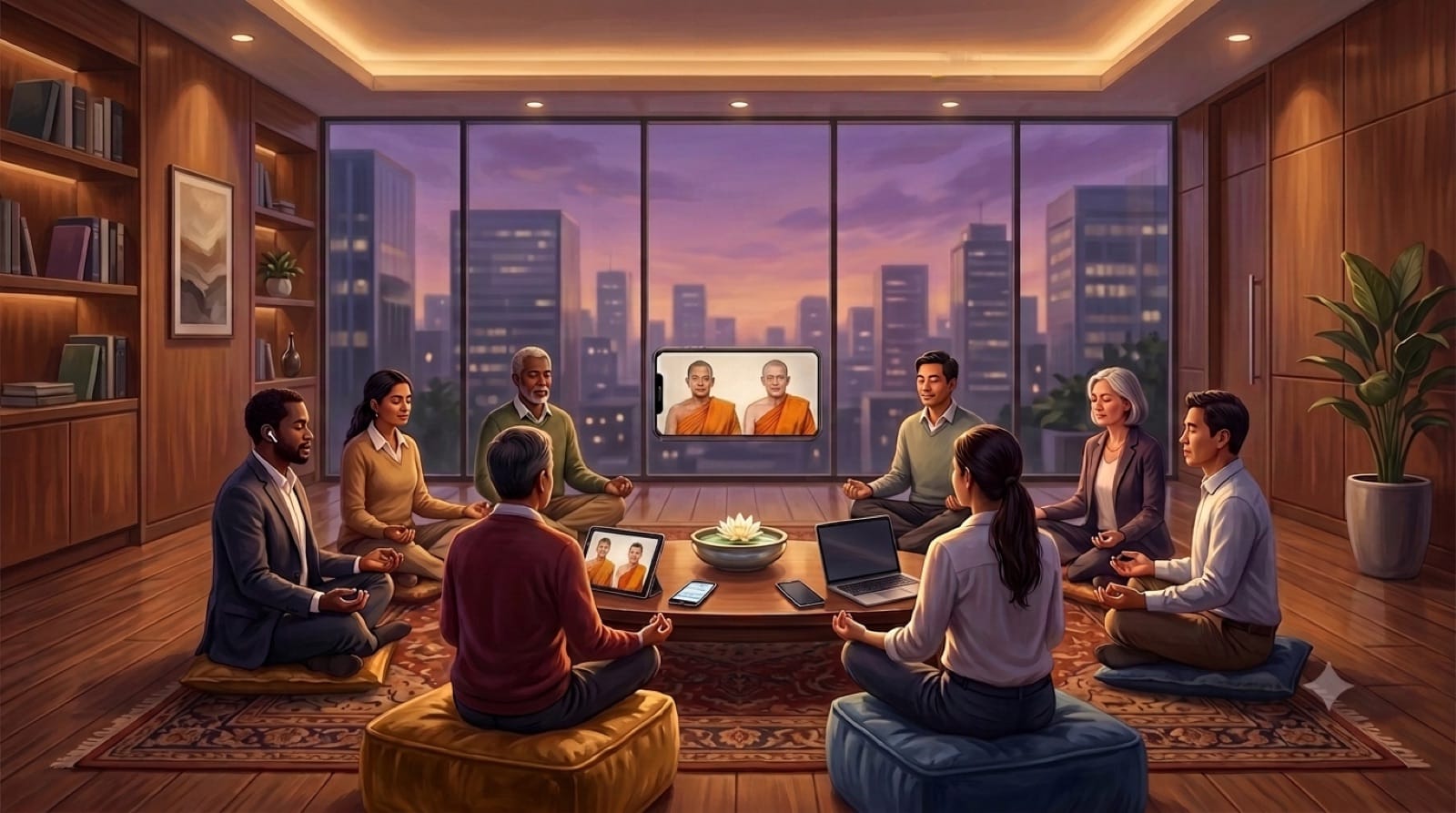 Warm illustration of professionals meditating in a circle at dusk, joined by two monks on a phone screen.